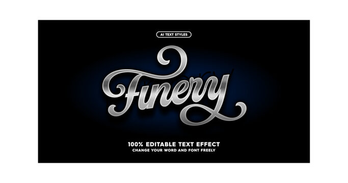 Finery Text Effect. Elegant and Futuristic silver font styles with polished metallic letters. Ideal for high-tech logos, captivating headlines, and cosmic typography. 