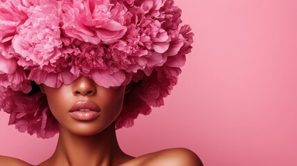 A striking portrait of a woman with pink flowers adorning her head, set against a pink backdrop, blending elements of beauty, nature, and elegance.