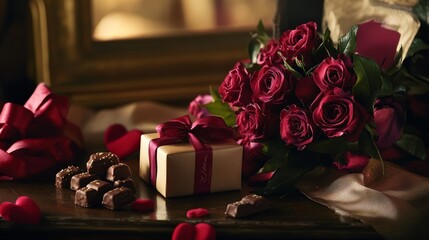 Obraz premium Romantic gift scene, red roses bouquet, chocolates, present with ribbon, cozy atmosphere, valentines day vibe