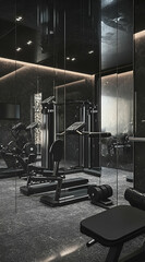 A modern home gym with sleek equipment and mirrors, designed for fitness training.