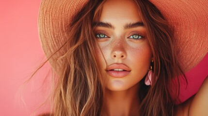 Fototapeta premium A captivating portrait of a woman with freckles wearing a stylish sunhat, set against a warm peach backdrop, exuding natural beauty and grace.