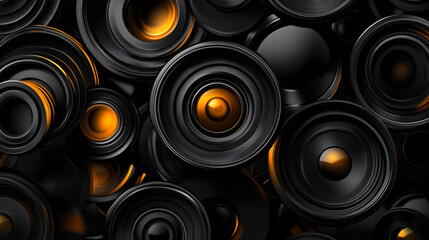 Collection of black and orange speakers arranged intricately in a dynamic composition