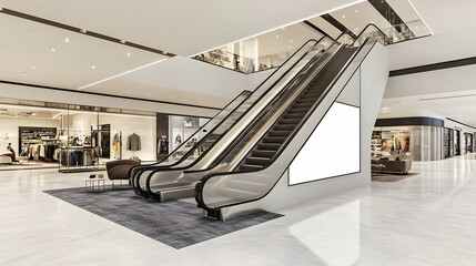 Modern shopping mall interior with escalators