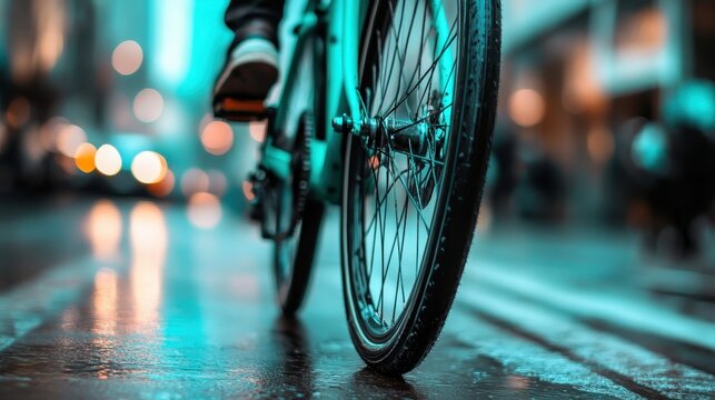 This image captures the close-up of a bicycle wheel on a rain-soaked urban street, highlighting vibrant colors and reflections under city lights. - Powered by Adobe