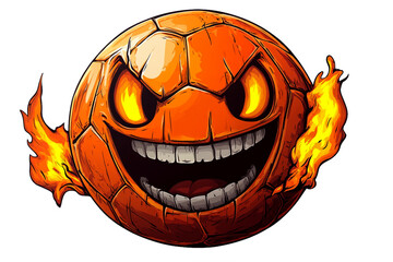 Evil Basketball with Flaming Wings, Glowing Orange Eyes, Metallic Teeth, Halloween Fantasy Design, Fiery Sports Equipment, PNG Transparent.