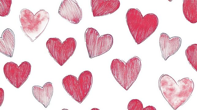 Red hand-drawn hearts seamless pattern on a white background, simple illustration, vector art, flat design, romantic Valentine's day vibes