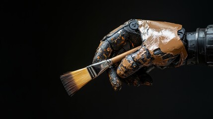 A detailed image showing a robotic hand elegantly holding a paintbrush, partially covered in brown paint, symbolizing the fusion of technology and creativity.