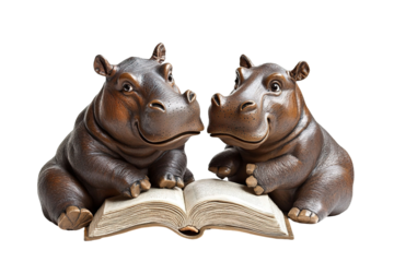 Two baby hippos are sitting together and reading a book. on transparent background.