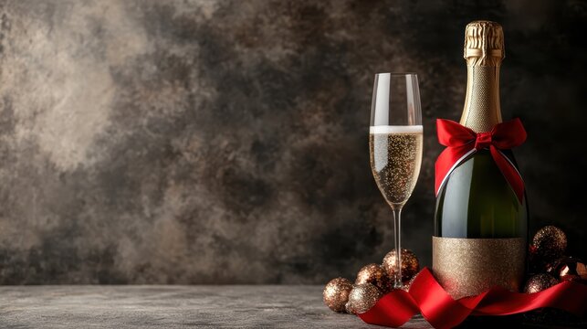 A champagne bottle, adorned with a festive red ribbon, stands next to a filled flute, evoking a celebratory mood perfect for festive or special occasions.