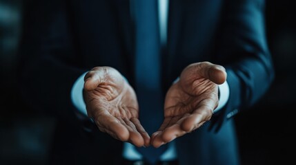 The image depicts a person in a business attire with hands extended, suggesting a welcoming or offering and symbolizes openness, trust, and professional etiquette.