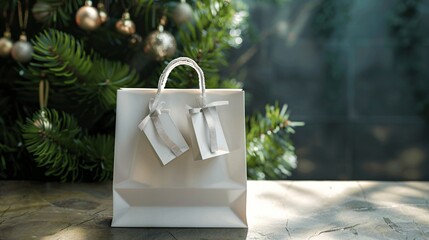 Simple White Gift Bag with Tags on Decorative Background
