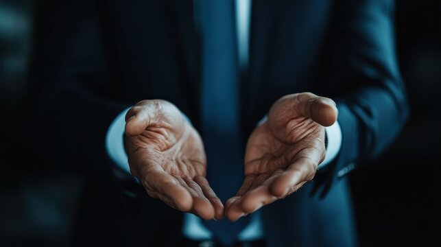 The image depicts a person in a business attire with hands extended, suggesting a welcoming or offering and symbolizes openness, trust, and professional etiquette.