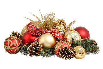 Festive Arrangement of Gold and Red Christmas Decorations for the Holidays.