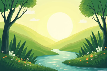 Obraz premium A nature-inspired wellness background with calming greenery, soft sunlight filtering through leaves, and a tranquil yoga setting..