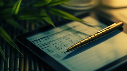 Close-up of a spreadsheet on a tablet screen featuring Shanghai Composite Index data, a pen with a bamboo motif lying next to it