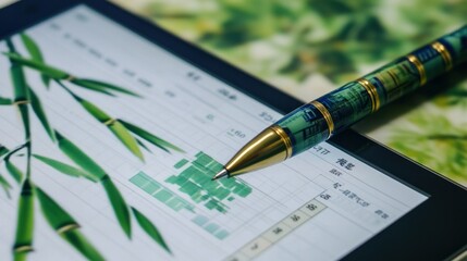 Close-up of a spreadsheet on a tablet screen featuring Shanghai Composite Index data, a pen with a bamboo motif lying next to it