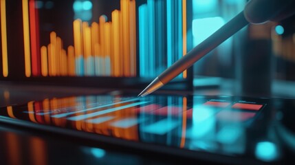 Close-up of a tablet stylus hovering over a bar graph of US business performance metrics, glassy reflection of an office window