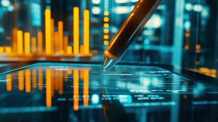 Close-up of a tablet stylus hovering over a bar graph of US business performance metrics, glassy reflection of an office window