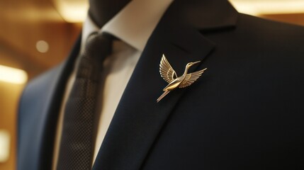 Close-up of a tie pin adorned with a subtle crane motif (symbol of luck), catching light in a sleek meeting room