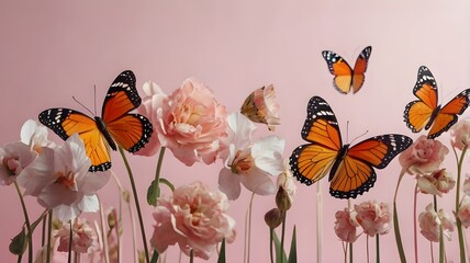 Butterflies with flower on pink background 