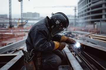 A construction worker welds steel beams, sending off bright sparks amid an industrial cityscape, capturing the essence of urban development.