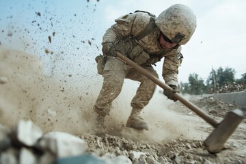 Naklejka premium A soldier strikes the ground with a sledgehammer, raising dust clouds, illustrating raw power and commitment on the field.