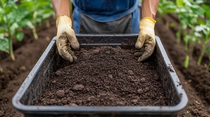 Fototapeta premium Preparing Potting Soil and Compost Mix for Plant Transplanting in Large Tray