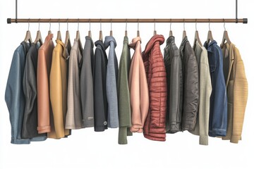 Stylish Jackets Coats Hanging on Wooden Rack Autumn Winter Fashion Apparel