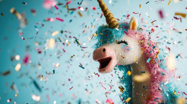 A sparkling unicorn piñata with a dazzling body, adorned with colorful confetti raining down, representing exuberance and festive celebrations in a magical atmosphere.
