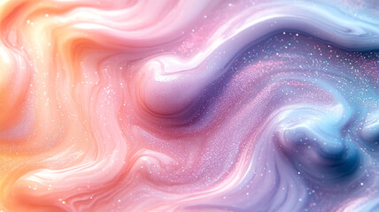 A marbled mix of pastel clay and glittery slime, forming a soothing abstract pattern with soft, fluid transitions and delicate highlights