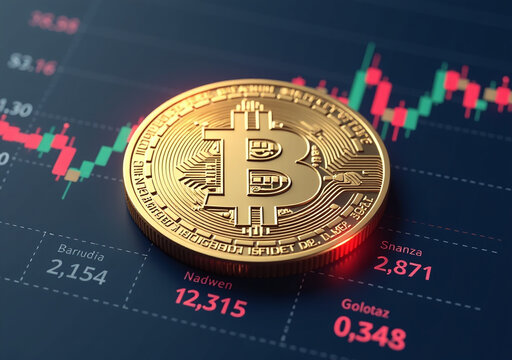 single bitcoin coin illustration chart various numerical values displayed