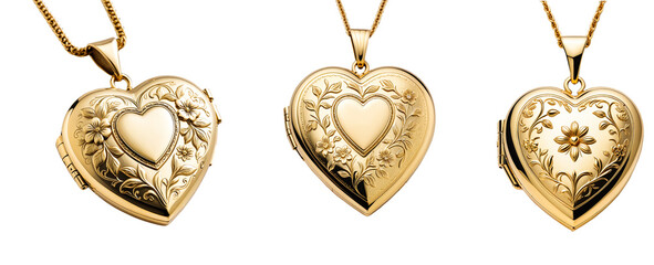 Set of gold heart pendants with floral engraving on a transparent background
