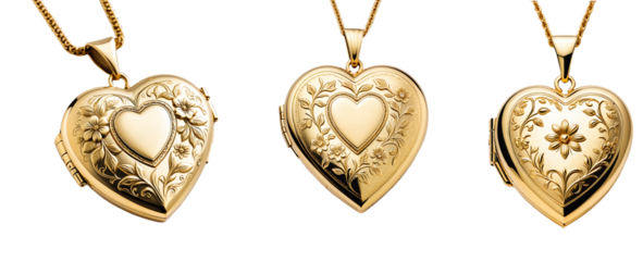 Set of gold heart pendants with floral engraving on a transparent background