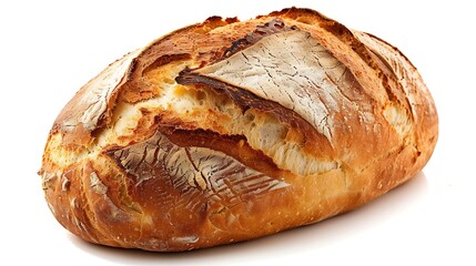 Freshly baked loaf of bread, with a rustic crust, placed on a plain white background.