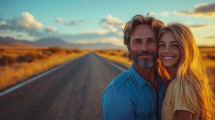 A heartwarming depiction of a father and daughter sharing a loving moment on a picturesque country road under a vibrant sunset, symbolizing bonding, journeys, and familial connections amidst nature.