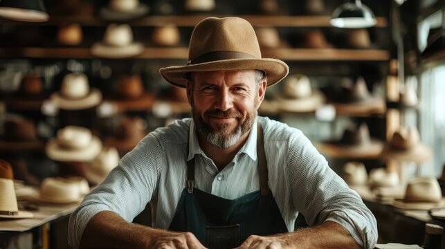 A cheerful craftsman warmly smiles as he sits in his workshop, surrounded by hats and tools, conveying warmth, friendliness, and a passion for creating.