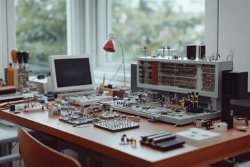 A cluttered electronics workshop filled with circuit prototypes, a computer, and various tools, capturing the essence of innovation and creativity in a tech space.