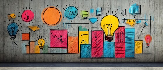 Bright and colorful business idea sketches on a concrete wall, modern and abstract designs, showcasing creativity and innovation in a stylish industrial setting