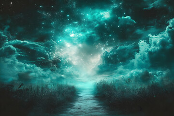 Fototapeta premium Mystical night scene with glowing clouds, starry sky, and path.