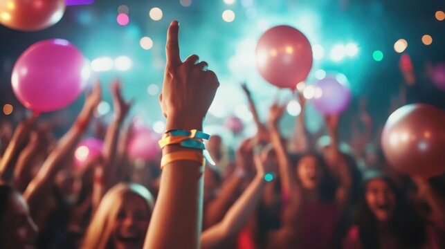A hand with colorful wristbands is raised in the air surrounded by pink balloons and vibrant lights, capturing a lively concert atmosphere.
