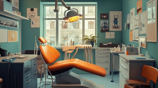 Dentists office with a reclining chair, bright overhead lamp, and sterilized dental instruments arranged neatly