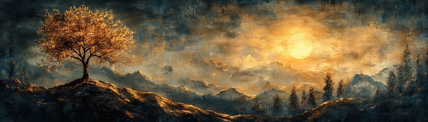 A serene landscape featuring a solitary tree against a dramatic sunset, with mountains and rich colors creating a tranquil atmosphere.