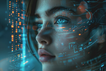 Future woman with cyber technology eye panel concept.