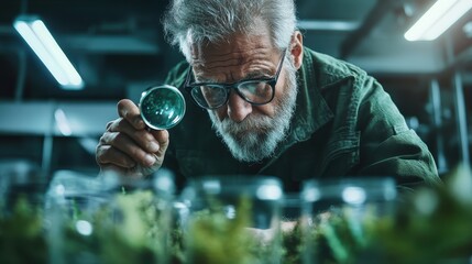 A senior scientist, engrossed in examining plant samples with a magnifying glass in a laboratory setting, representing dedication to knowledge and scientific inquiry.