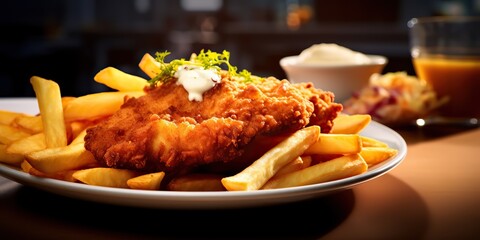 German tradition meal food schnitzel and fried potato fries and salad on plate view