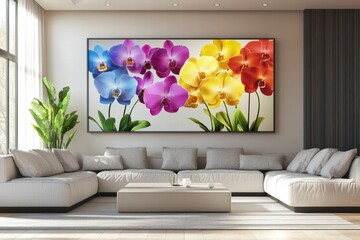 Colorful orchids brighten a modern living room with stylish decor and natural light