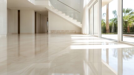 Obraz premium An expansive open space with polished marble floors and sunlight streaming through large windows, offering a modern and refreshing environment.
