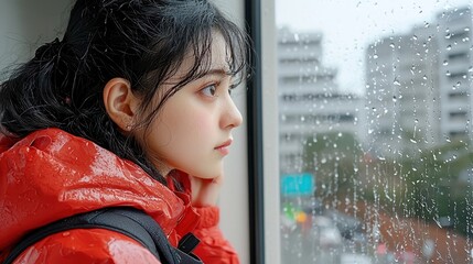 Young woman in red raincoat gazing out rainy window on a city street