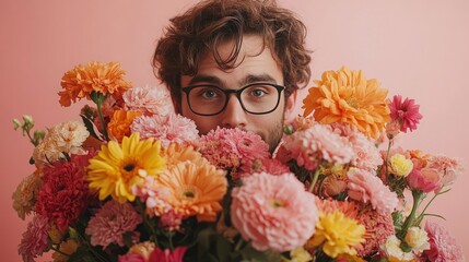 Young man in glasses with a large bouquet of various flowers on a light background