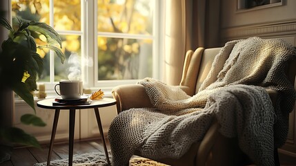 Cozy autumn scene armchair, warm blanket, steaming mug, book, side table near window with fall foliage.